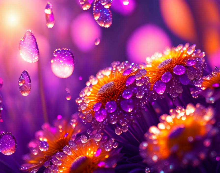 Colorful Orange Flowers with Water Droplets on Purple Bokeh Background