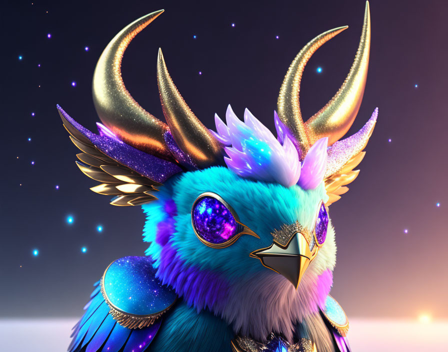 Mythical bird digital artwork with blue feathers and golden horns