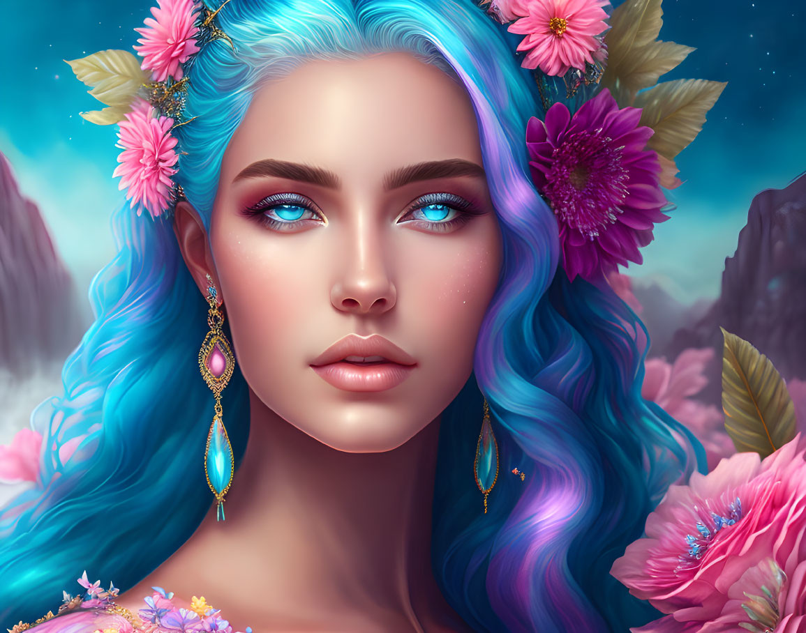 Portrait of woman with vibrant blue hair and pink flowers, blue eyes, ornate earrings, floral and