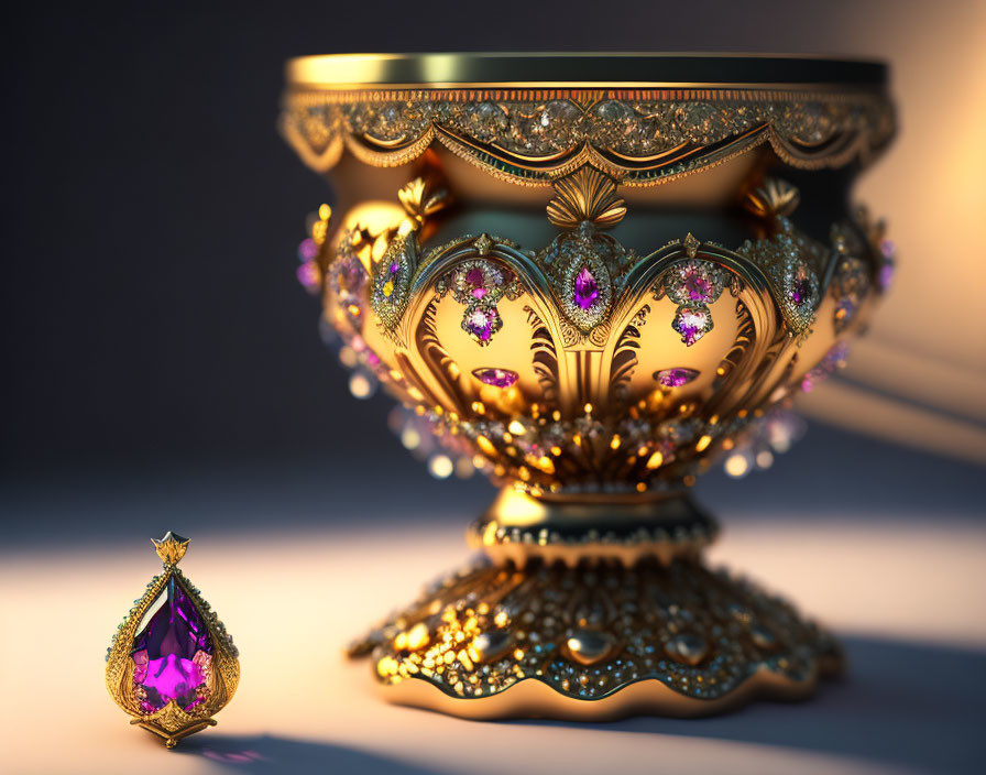 Golden bowl with gemstones and pendant on illuminated surface