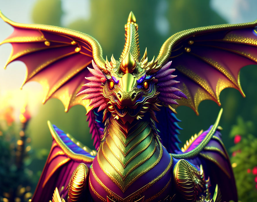 Colorful Dragon with Golden Horns and Purple Wings in Forest Setting