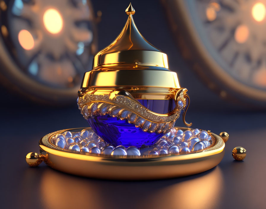 Intricate Golden and Blue Magical Lamp on Ornate Tray