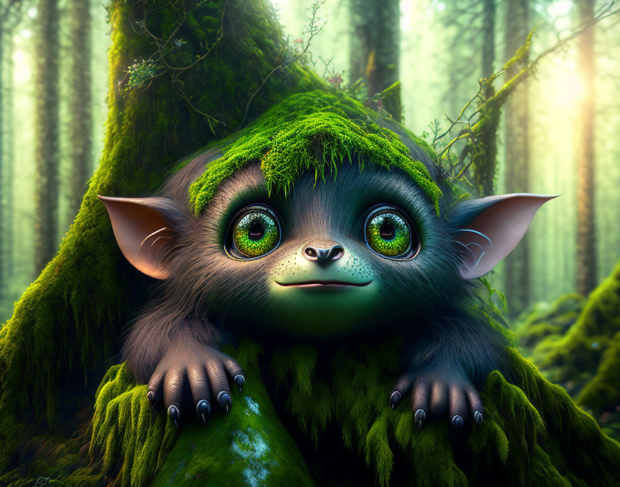 Whimsical creature with large green eyes in mossy forest