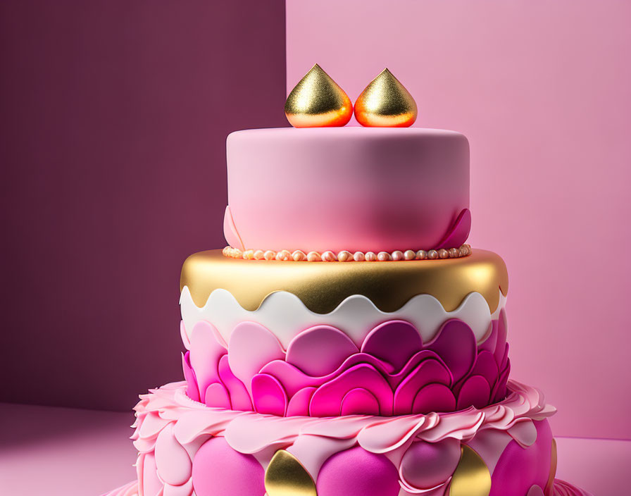 Colorful Tiered Cake with Pink and Gold Ruffle Details