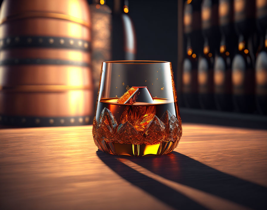 Whiskey glass with ice on wooden bar counter, warm lighting, barrels in background