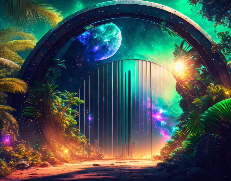 Sci-fi gate reveals cosmic view with vibrant nebulae, moon, stars in tropical jungle at dusk