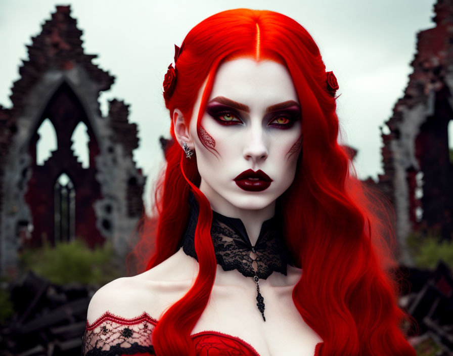 Woman with Vibrant Red Hair and Gothic Makeup Poses Dramatically in Ruins