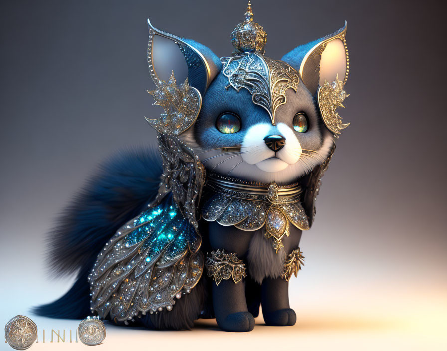 Regal fantasy cat creature with golden headpieces and sparkling wing