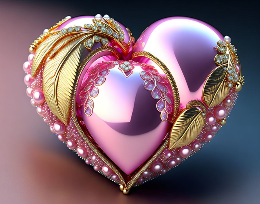 Glossy heart-shaped ornament with gold leaves, pink jewels, and pearls