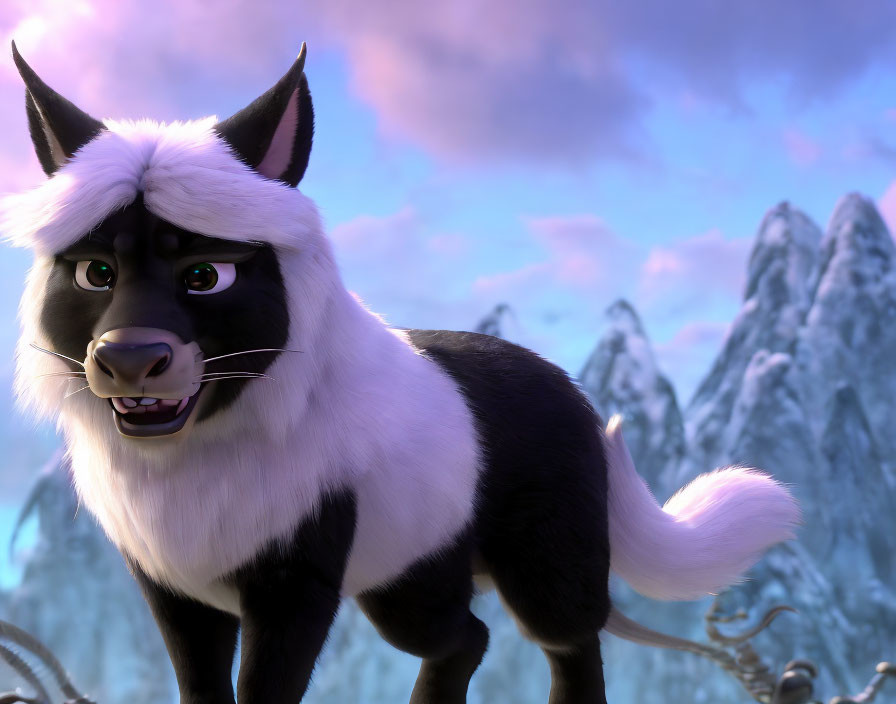 3D animated wolf with black and white fur and green eyes in snowy mountain landscape