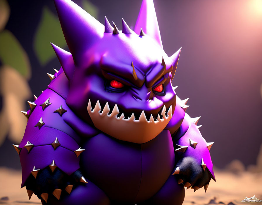 Purple Animated Monster with Spikes and Sharp Teeth in Dramatic Lighting