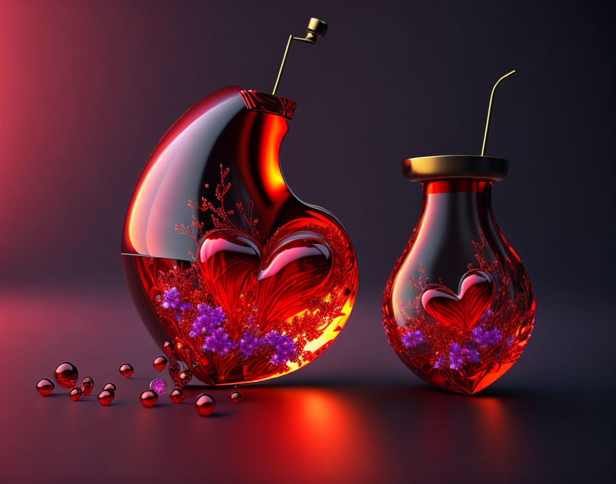 Red Glass Heart-Shaped Vases: One Intact, One Broken