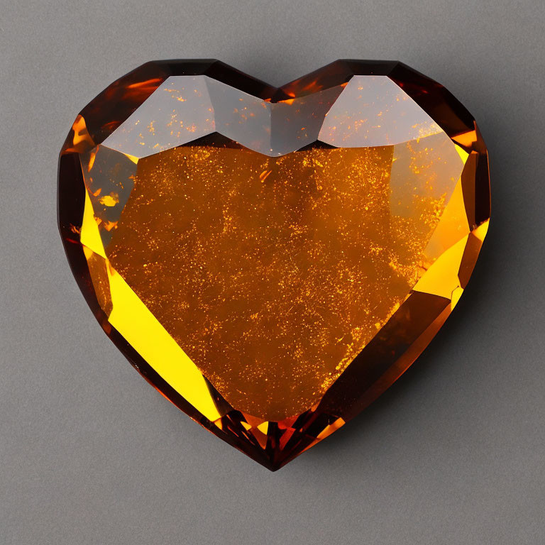 Heart-shaped gemstone with orange and yellow hues on grey background