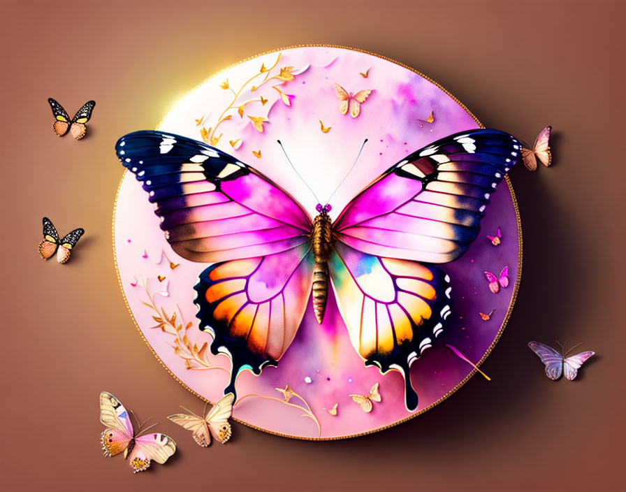 Colorful Butterfly with Pink, Blue, and Yellow Patterns on Dreamy Background