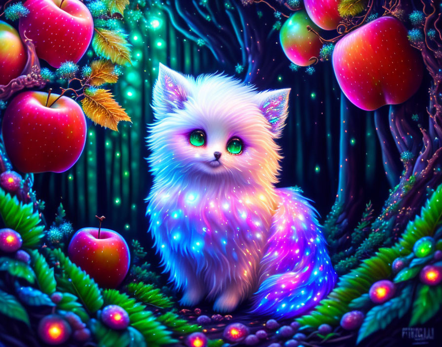 Colorful illustration of white cat in enchanted forest with glowing fur