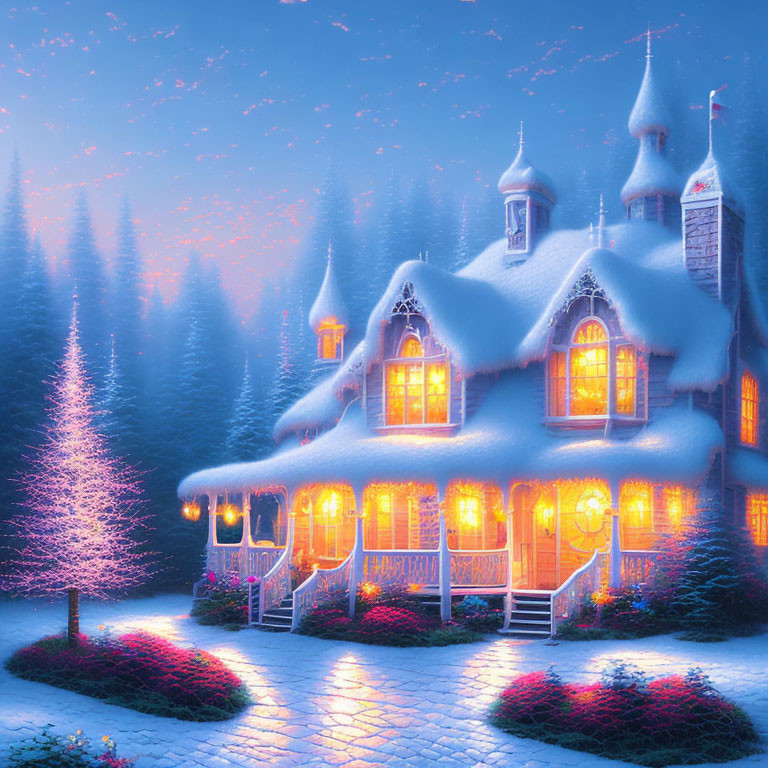 Snow-covered cottage with warm lights in twilight setting