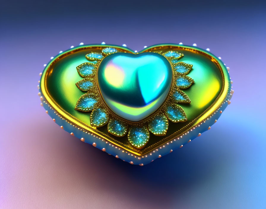 Colorful Heart-Shaped Object on Metallic Surface Against Gradient Background