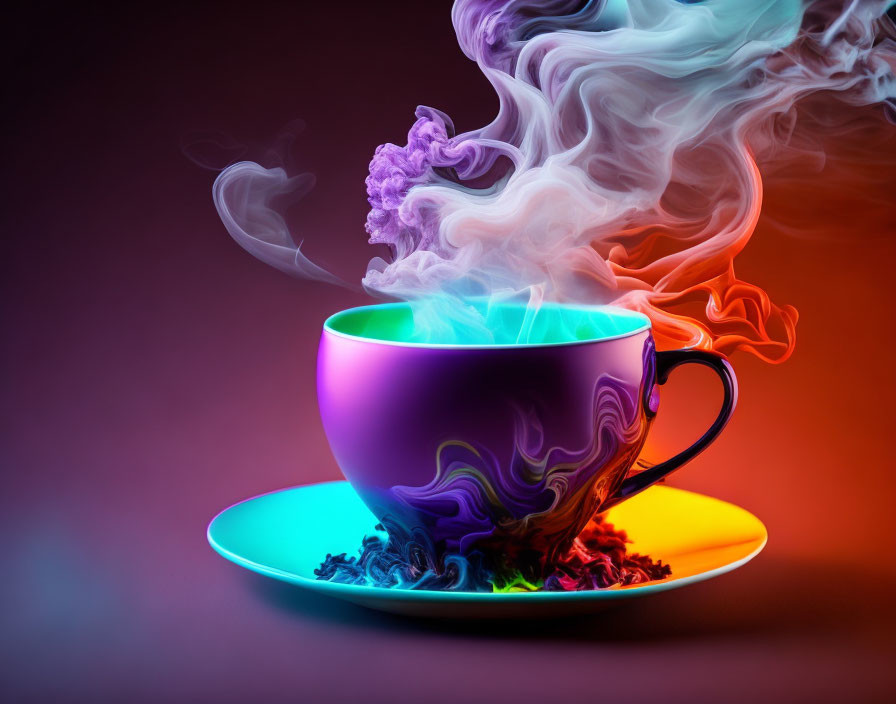 Colorful Purple Cup with Mythical Creature Steam on Multicolored Background