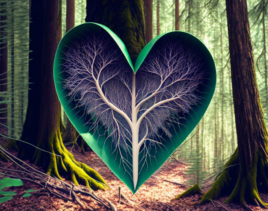 Heart-shaped tree with intricate branches in mystical forest.