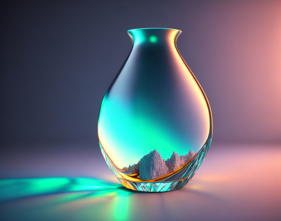 Translucent Vase with Miniature Mountain Landscape in Neon Glow