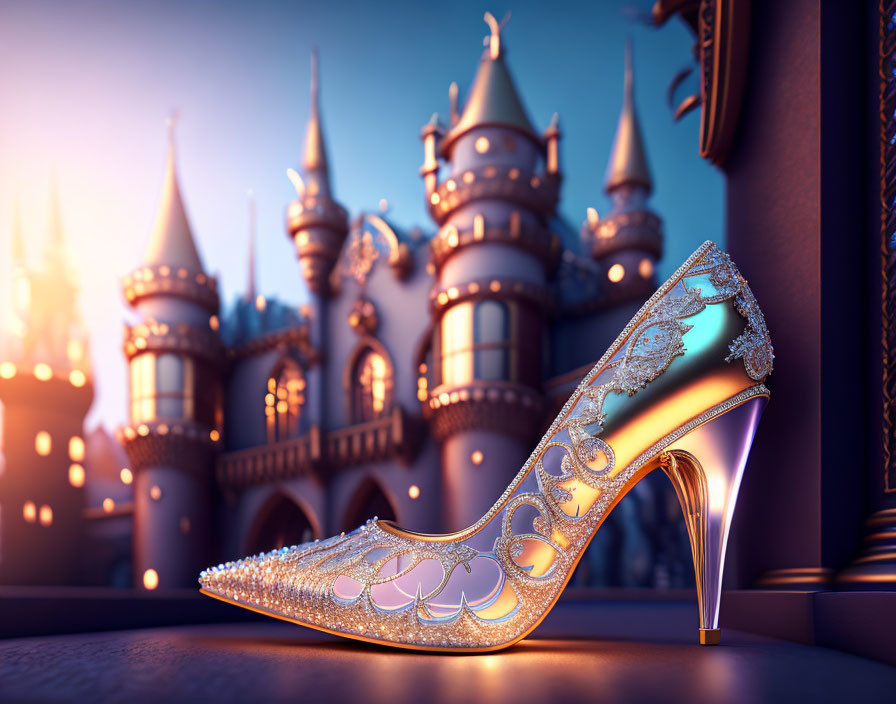 Sparkling ornate high-heeled shoe against fairy tale castles at sunset