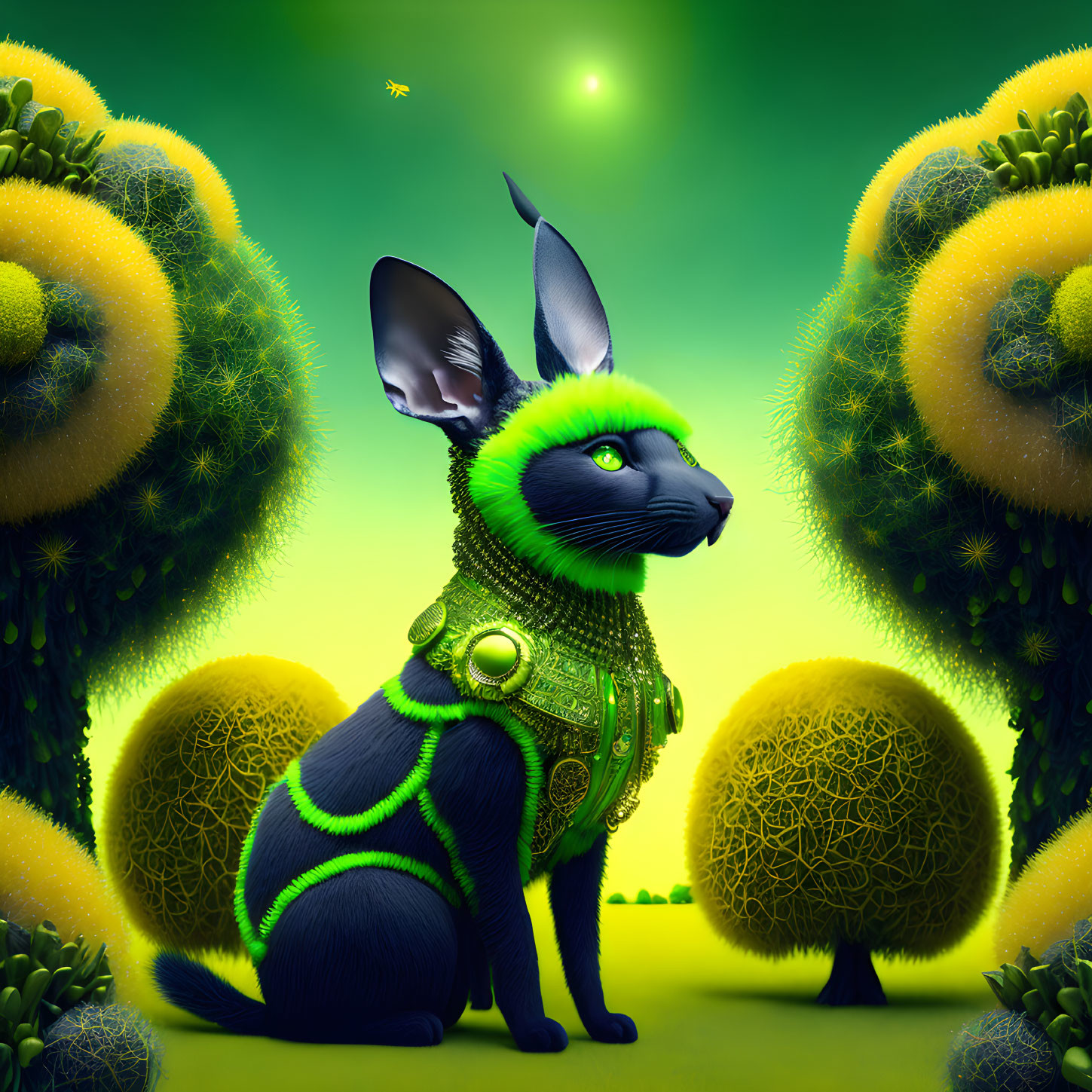 Surreal cat illustration in vibrant green fantasy landscape