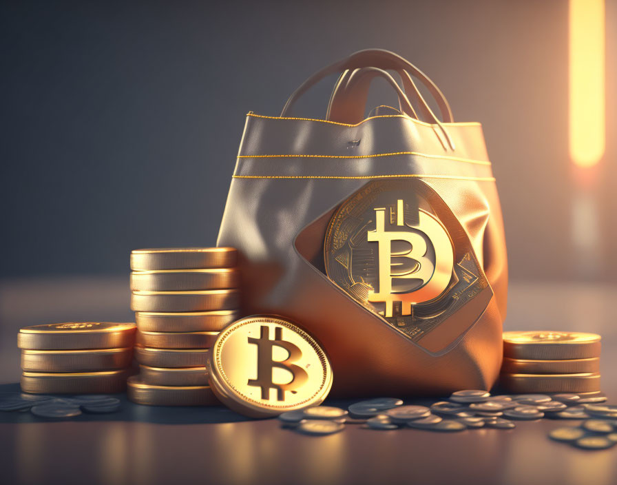 Bitcoin logo on leather briefcase with stacked coins on light background