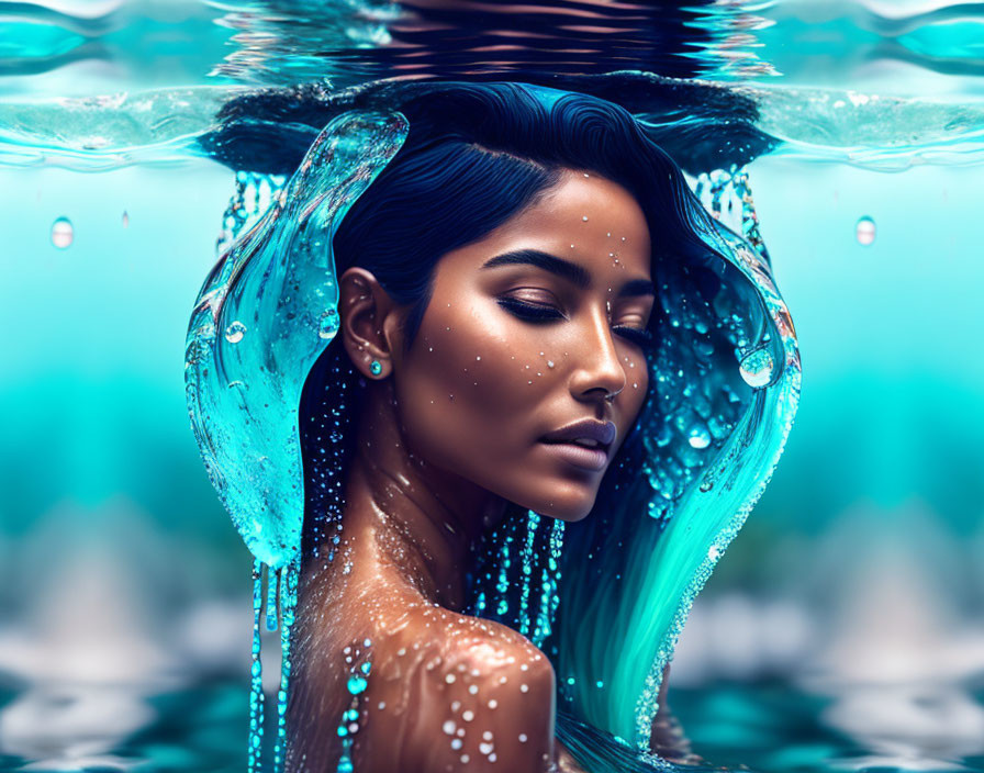 Woman with floating hair in clear blue water, eyes closed