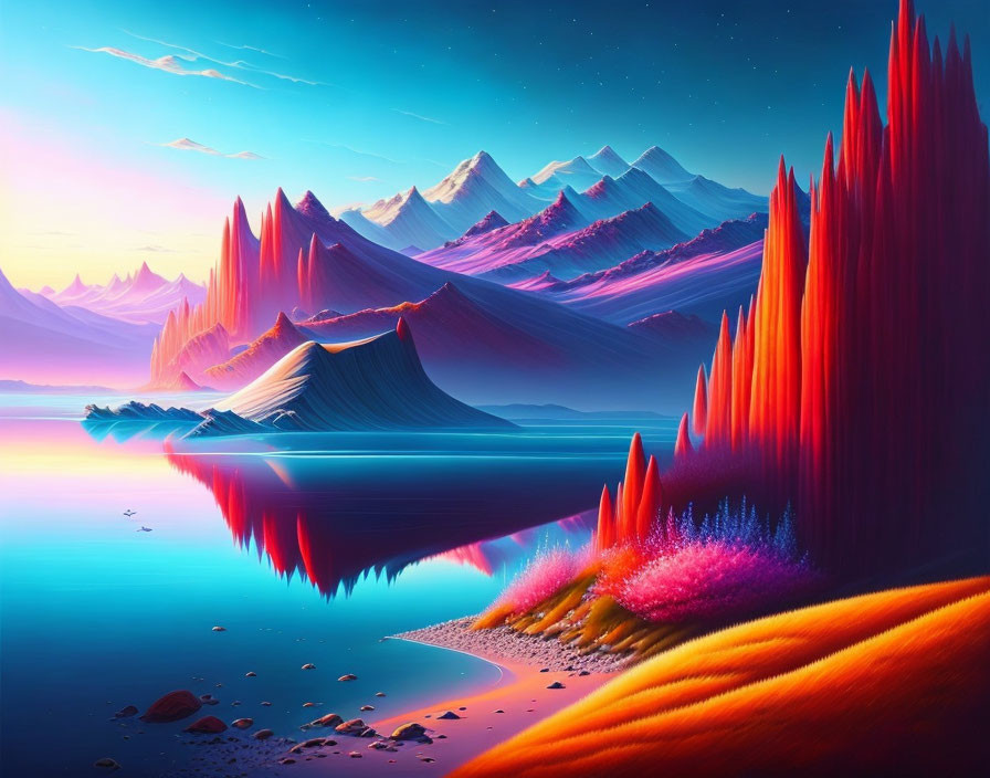 Neon-colored mountains in surreal landscape