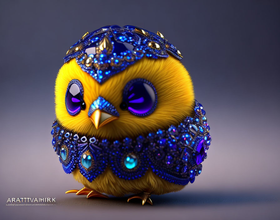 Colorful Digital Art: Stylized Yellow Owl with Crown and Necklace