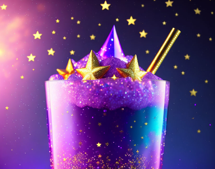 Vibrant star-themed party drink with golden straw and festive hat