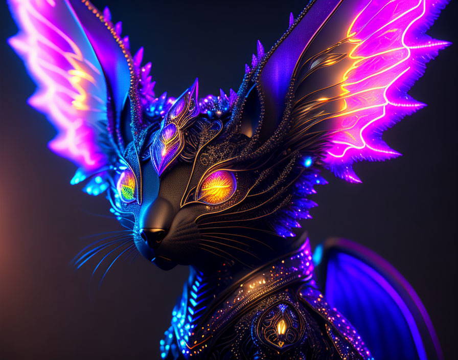 Mythical cat with intricate patterns and neon wings