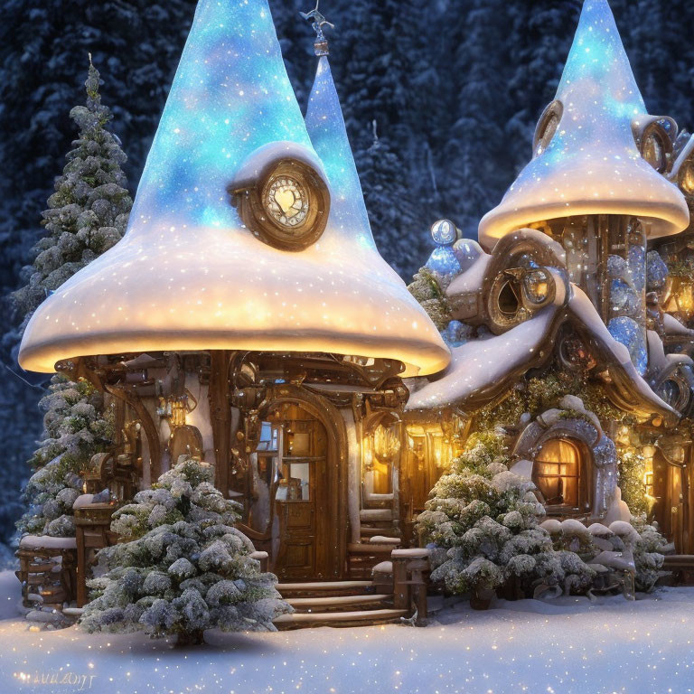 Fantasy Mushroom Houses in Snowy Winter Forest