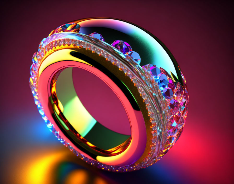 Multicolored gemstone ring with metallic band under colorful lighting