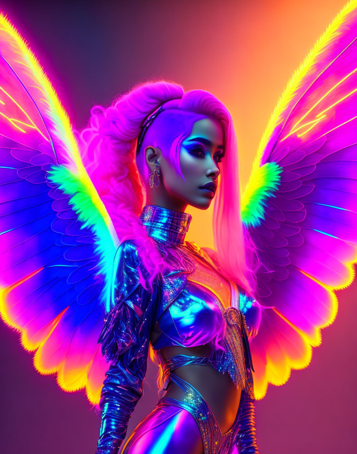 Woman with Neon-Lit Angel Wings in Futuristic Outfit on Pink and Orange Gradient Background