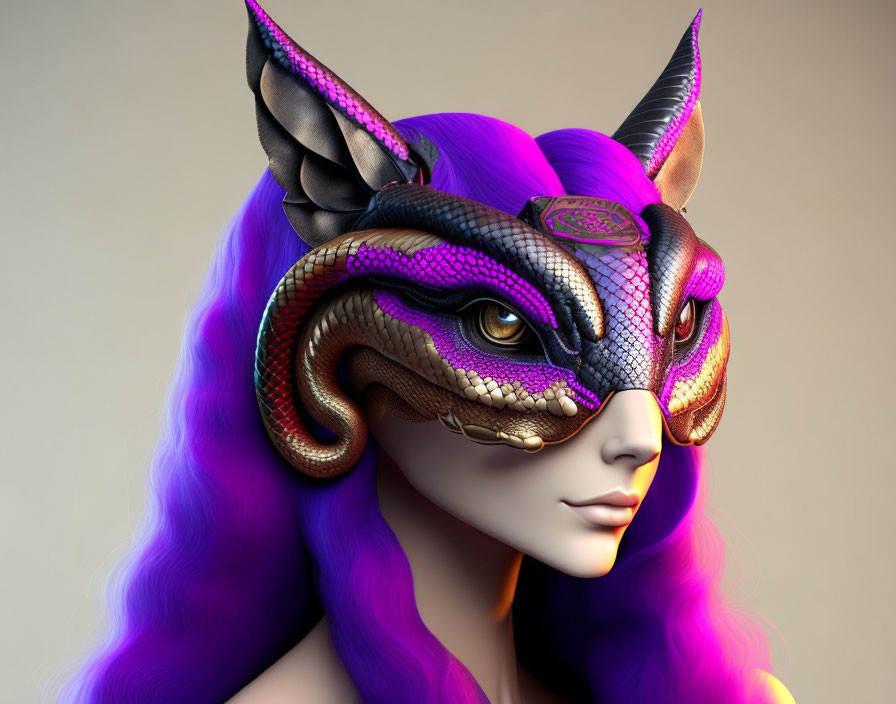 Digital artwork of woman with purple hair in elaborate creature mask