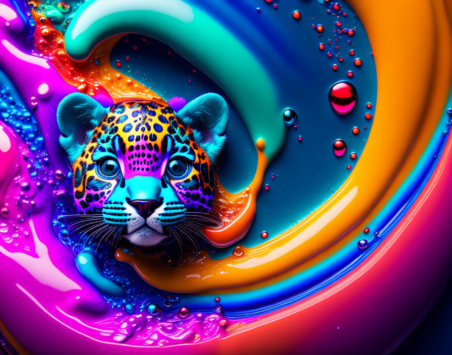 Colorful Leopard Face Artwork with Neon Spots in Liquid Texture