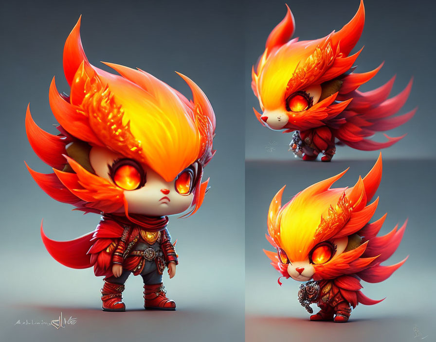 Fiery orange-haired animated character in red armor, multiple angles