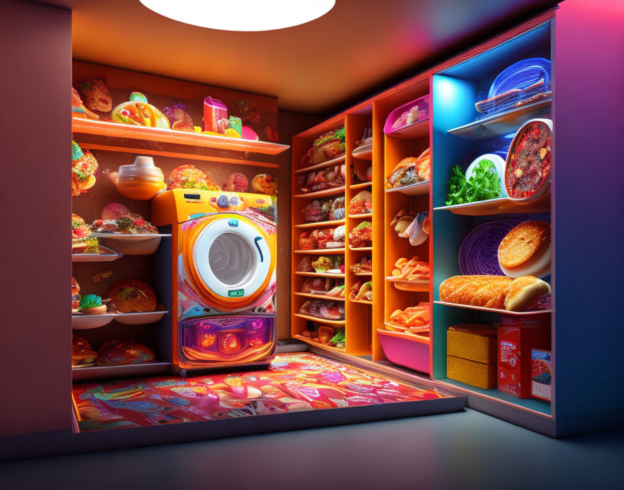 Colorful surreal pantry with oversized food items and orange washing machine