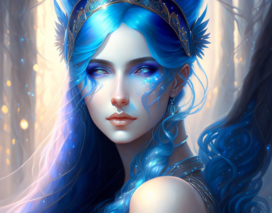 Ethereal woman with blue hair and crown in digital portrait