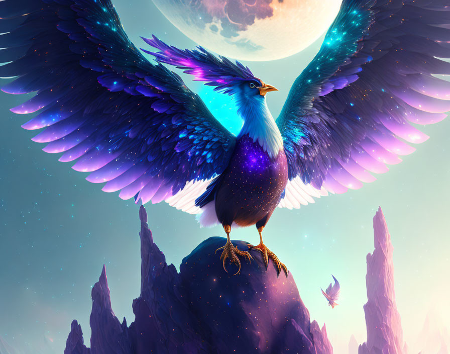 Colorful bird with wings perched on rocky peak under large moon.