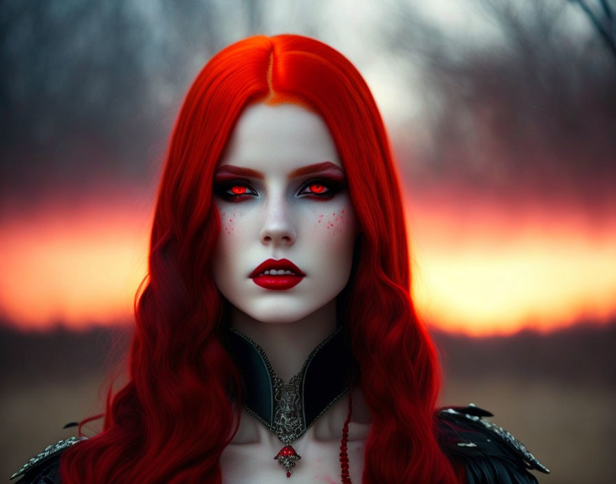 Vibrant woman with red hair and bold makeup against sunset backdrop