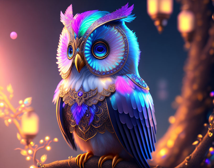 Colorful Stylized Owl Illustration with Intricate Patterns and Luminous Eyes