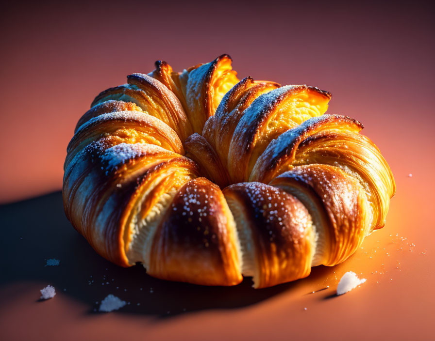 Golden-brown Croissant with Flaky Texture and Powdered Sugar on Warm Orange Background