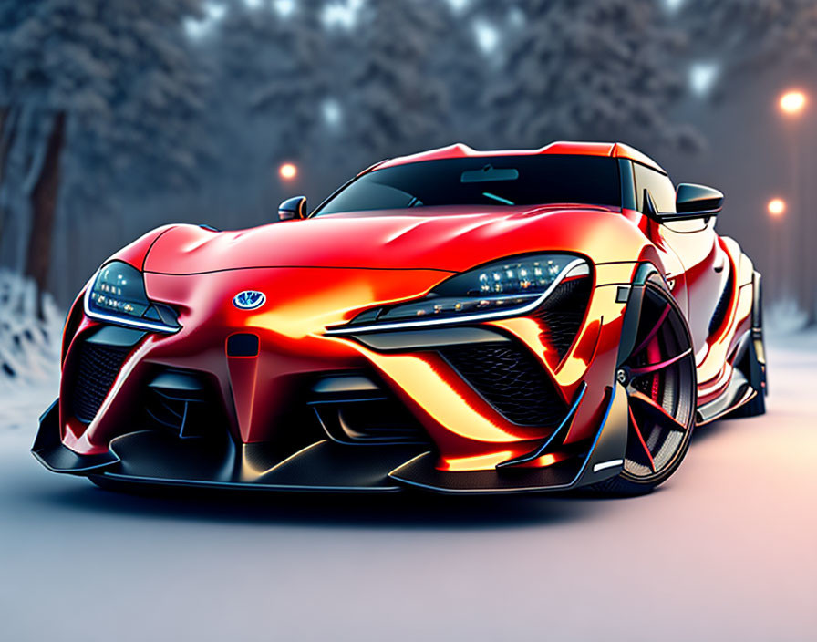 Red Toyota Supra with Black Accents on Snowy Road