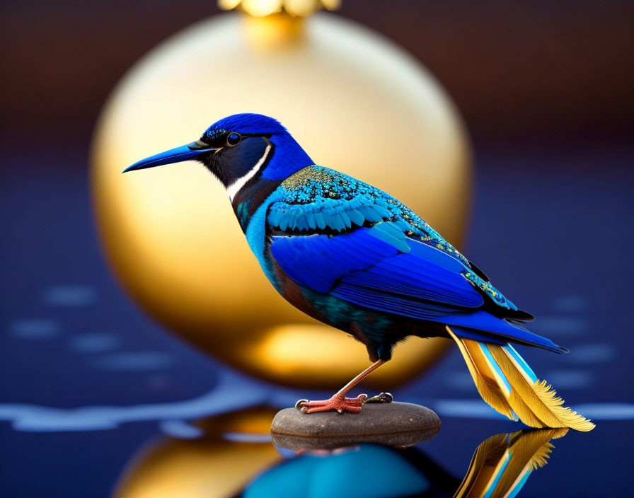 Blue bird with yellow tail on stone with golden sphere in background