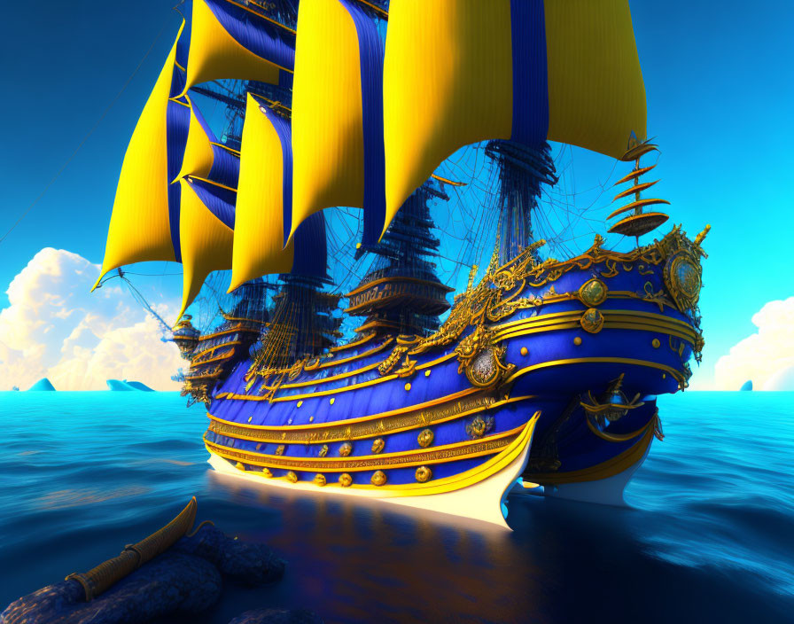 Royal ship with blue and gold sails on calm seas