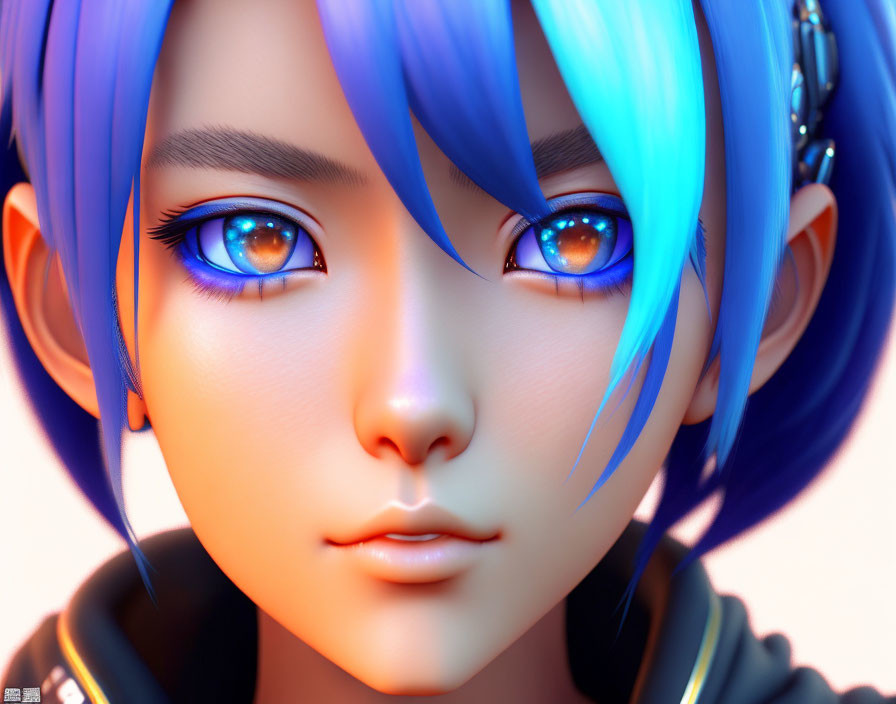 Detailed 3D illustration of female character with blue hair and eyes on orange backdrop