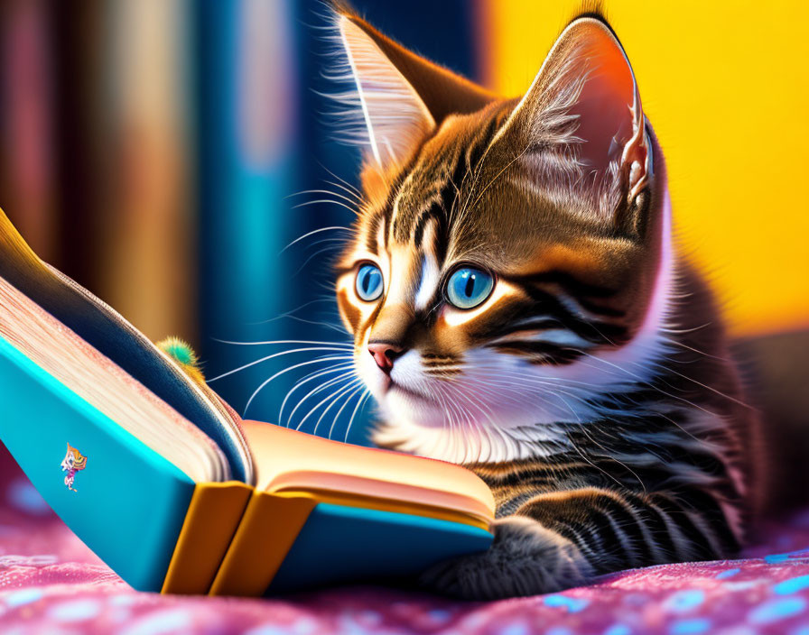 Blue-eyed striped kitten captivated by open book amidst colorful surroundings