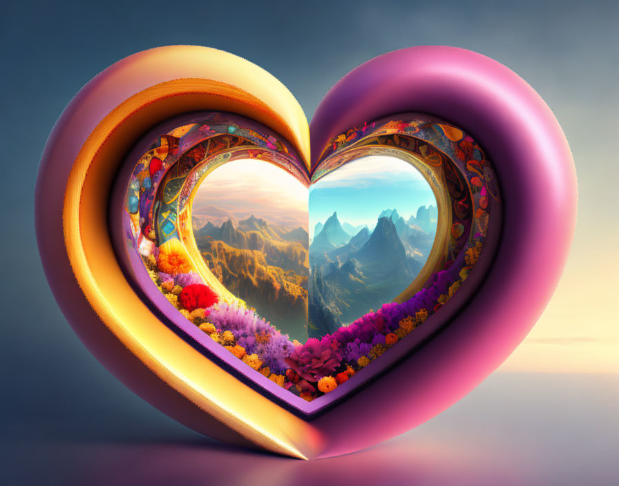 Heart-shaped frame digital art with mountain view and colorful floral patterns